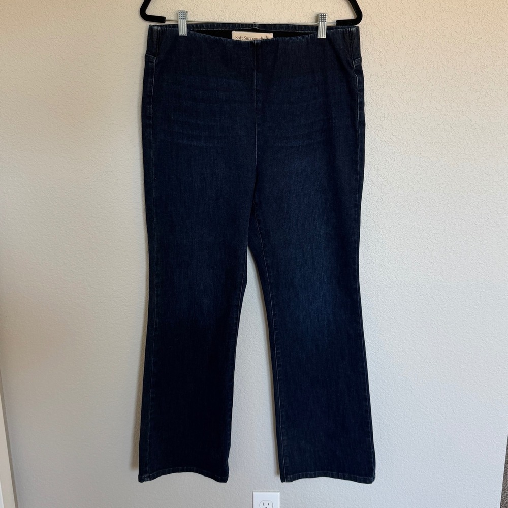 Soft Surroundings Womens Dark Wash Elastic Pull On Flare Denim Jeans Large
